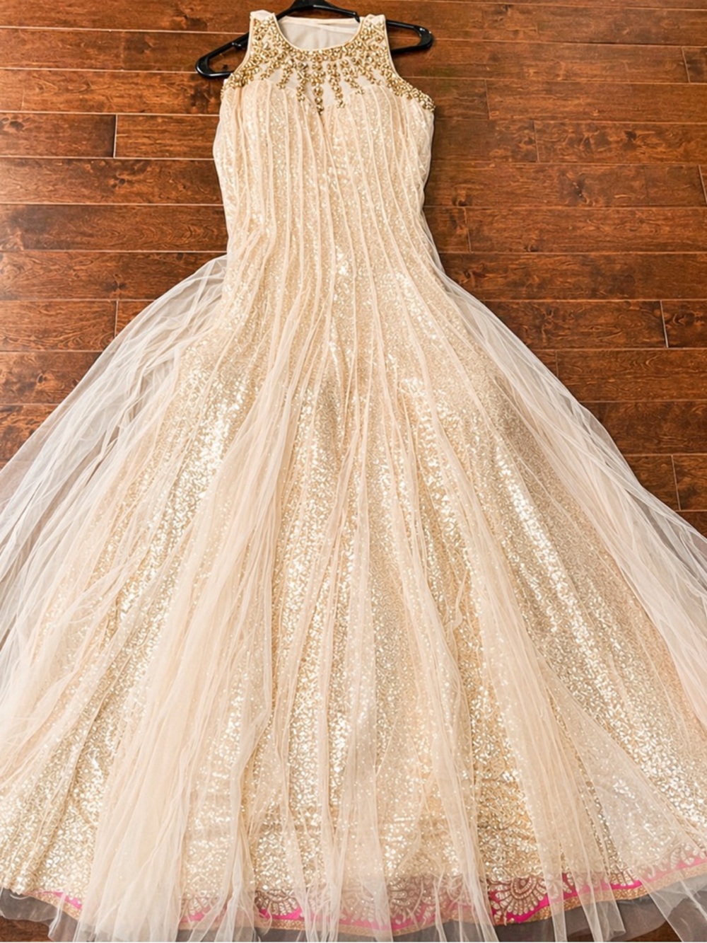Champagne Gold Sequin Gown with Illusion Neckline | Elegant Formal Dress
